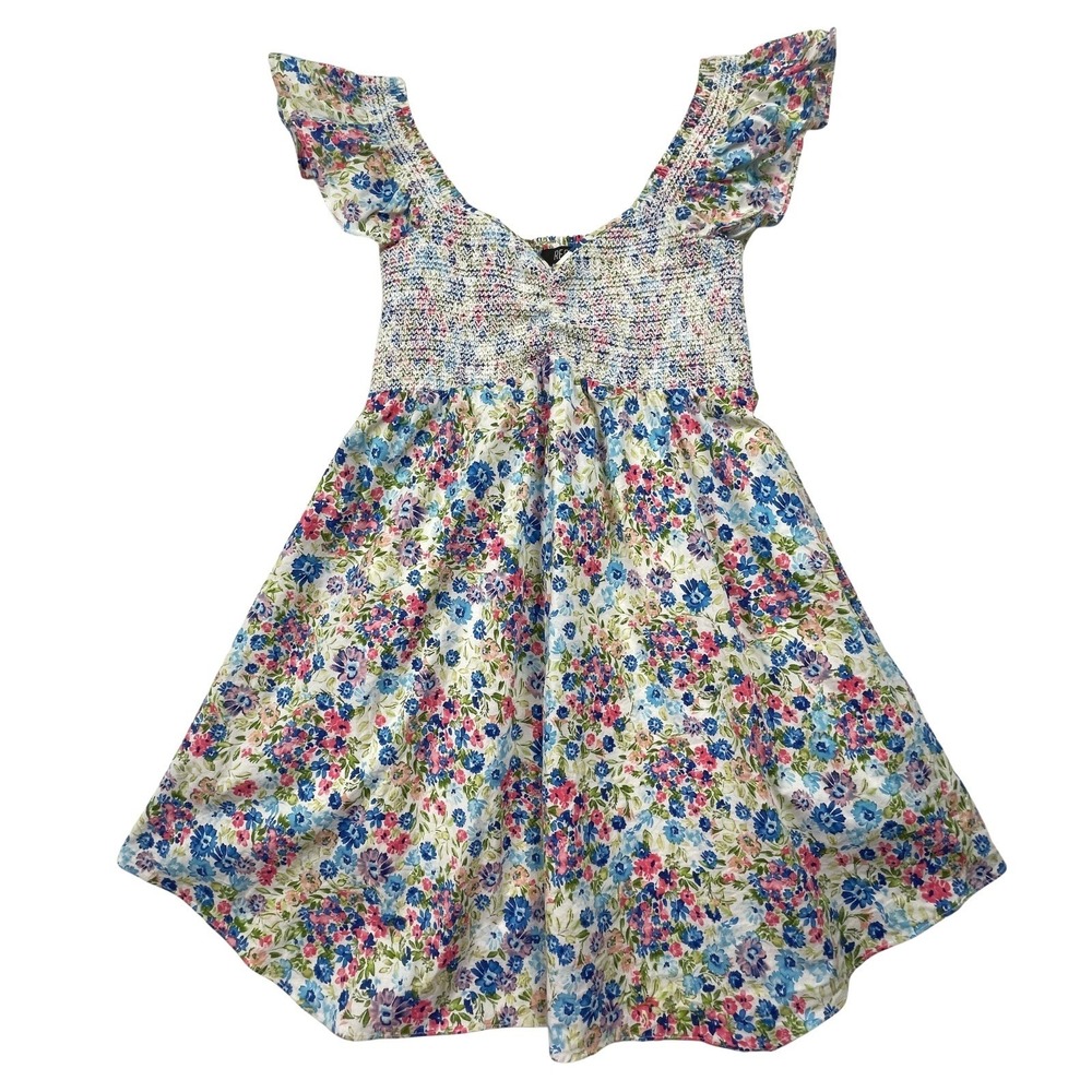 Reset by Jane Mini Dress S Pink Blue Cottagecore Boho Smocked Floral Ruffle